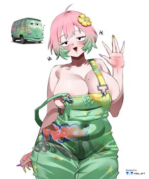 1girl absurdres black_eyes blush breasts car cars_(movie) cleavage fang fillmore_(cars) flower genderswap genderswap_(mtf) green_hair green_overalls hair_flower hair_ornament highres huge_breasts humanization mole mole_on_breast motor_vehicle multicolored_hair multicolored_nails nisp_art no_bra open_mouth overalls pink_hair short_hair simple_background white_background