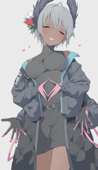 1girl :d ^_^ absurdres arknights belt black_belt black_coat black_gloves black_shirt black_shorts breasts closed_eyes coat commentary_request cowboy_shot dark-skinned_female dark_skin extra_arms facing_viewer gloves grey_background grey_hair grin heart highres light_blush long_sleeves medium_breasts off_shoulder open_mouth own_hands_together partial_commentary pink_gloves raidian_(arknights) shirt short_hair shorts simple_background smile solo standing turtleneck turtleneck_shirt yuuko_(oruta)
