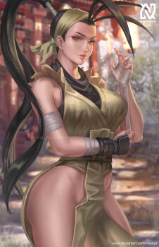 1girl antenna_hair artist_name bandages bare_shoulders black_hair breasts brown_eyes commentary dougi english_commentary fingerless_gloves gloves high_ponytail ibuki_(street_fighter) long_hair looking_at_viewer medium_breasts motoyui ninja nopeys outdoors pelvic_curtain ponytail solo street_fighter torn_clothes watermark web_address