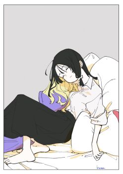 2girls black_hair black_skirt blonde_hair border bow closed_eyes collared_shirt commentary dress english_commentary grey_background hair_bow highres kumateya long_hair maribel_hearn multiple_girls necktie no_headwear no_socks parted_lips pillow purple_dress red_necktie shirt shirt_tucked_in signature skirt sleeping sleeves_rolled_up touhou unworn_necktie usami_renko white_border white_bow white_shirt