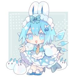 Rule 34 | 1girl, animal ears, blue dress, blue eyes, blue footwear, blue hair, blush, cirno, collared shirt, detached wings, dress, fairy, fake animal ears, frilled sleeves, frills, full body, hair between eyes, highres, ice, ice wings, long sleeves, looking at viewer, nikorashi-ka, open mouth, puffy long sleeves, puffy sleeves, rabbit ears, shirt, shoes, short hair, smile, solo, touhou, white shirt, wings
