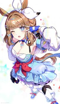 1girl absurdres almond_eye_(umamusume) animal_ears armpits blue_dress blue_eyes blue_gloves bow breasts brown_hair cleavage commentary_request detached_collar detached_sleeves dress fingerless_gloves from_above gloves hair_ornament hairband hairclip hand_up highres horse_ears horse_girl large_breasts long_hair long_sleeves looking_at_viewer murupuru_22 one_eye_closed parted_lips symbol-shaped_pupils umamusume v-shaped_eyebrows wavy_hair white_background white_bow white_hairband x-shaped_pupils
