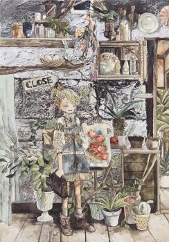 Rule 34 | 1girl, absurdres, acrylic paint (medium), apron, blonde hair, blush, book, boots, canvas (object), commentary request, dress, flower, green eyes, hair flower, hair ornament, highres, holding, indoors, jewelry, karintoun, necklace, open mouth, original, overalls, painting (medium), painting (object), parted bangs, plant, potted plant, shelf, shirt, shoes, short hair, simple background, smile, socks, standing, straight-on, striped clothes, striped socks, traditional media, watercolor (medium), white background, wooden floor