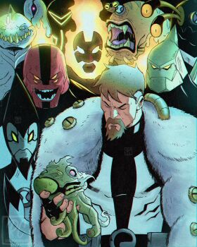 6+boys beard ben_10 ben_10000 ben_tennyson bioluminescence black_gloves black_shirt blue_skin brown_hair bug closed_eyes coat colored_skin diamondhead extra_eyes facial_hair fingerless_gloves fire fish_boy four_arms_(ben_10) fur_coat ghostfreak gloves glowing glowing_lure goatee green_eyes grey_matter_(ben_10) heatblast highres holding holding_detached_head horizontal_pupils lure meme multiple_boys omnitrix_symbol one-eyed open_mouth purple_eyes rcortezdraws red_skin ripjaws serious sharp_teeth shirt short_hair smile stinkfly teeth two-tone_shirt upgrade_(ben_10) v-shaped_eyes vilgax viltrumite_group_shot_(meme) white_shirt wildmutt xlr8
