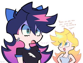... 2girls alternate_hairstyle bare_shoulders black_shirt blonde_hair blue_bow blue_eyes bow breasts bright_pupils cleavage colored_inner_hair commentary commentary_request earrings english_commentary english_text gradient_hair grey_shirt hair_bow hairstyle_switch highres jewelry large_breasts long_hair medium_breasts multicolored_hair multiple_girls open_mouth p0stalk panty_&amp;_stocking_with_garterbelt panty_(psg) pink_hair purple_hair shirt short_sleeves signature simple_background sleeveless small_breasts stocking_(psg) sweatdrop swept_bangs two-tone_hair upper_body very_long_hair white_background white_pupils