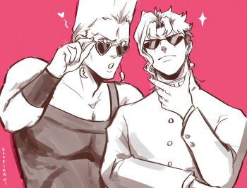 2boys arm_up bare_shoulders buttons collarbone commentary earrings flattop gakuran greyscale_with_colored_background heart heart-shaped_eyewear jacket jean_pierre_polnareff jewelry jojo_no_kimyou_na_bouken kakyoin_noriaki kookirani layered_sleeves long_sleeves male_focus multiple_boys open_mouth parted_hair piercing red_background school_uniform shirt short_hair simple_background sparkle stardust_crusaders sunglasses symbol-only_commentary upper_body