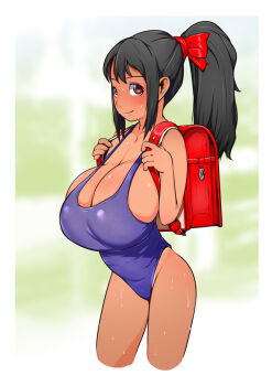 Rule 34 | 1girl, backpack, bag, black hair, blush, body blush, bow, breasts, brown eyes, cleavage, collarbone, female focus, hair bow, hair ribbon, huge breasts, j7w, long hair, looking at viewer, meikko-chan (j7w), one-piece swimsuit, oppai loli, original, ponytail, red bow, ribbon, shiny skin, smile, solo, strap gap, sweat, swimsuit, tan, tanline
