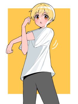 1boy blonde_hair blush border cowboy_shot grey_pants hair_between_eyes highres kai_(shell) looking_at_viewer male_focus open_mouth orange_eyes pants root_(stpri) shirt short_hair short_sleeves solo strawberry_prince stretching white_border white_shirt