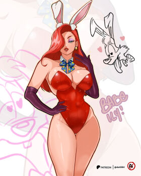 1boy 1girl adapted_costume alternate_costume animal_ears bare_shoulders blue_bow blue_bowtie borrowed_clothes bow bowtie breasts breasts_apart collarbone covered_navel datli64 detached_collar doodle_inset earrings elbow_gloves english_text eyeshadow glitter gloves green_eyes groin half-closed_eyes hand_on_own_hip heart heart-shaped_pupils highleg highleg_leotard highres jessica_rabbit jewelry knee_up large_breasts leotard long_hair looking_at_another looking_at_viewer makeup one_eye_covered orange_hair paid_reward_available patreon_logo patreon_username playboy_bunny polka_dot_bow polka_dot_bowtie purple_eyeshadow purple_gloves pursed_lips rabbit_ears red_leotard red_lips roger_rabbit shiny_skin simple_background standing symbol-shaped_pupils thick_eyelashes thick_thighs thigh_gap thighs white_background who_framed_roger_rabbit wide_hips zoom_layer