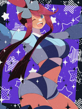 Rule 34 | 1girl, blue eyes, blue gloves, blue shorts, blush, breasts, commentary request, crop top, cropped jacket, fujiwara hiro (kaede ciao), gloves, hair ornament, highres, large breasts, long hair, looking at viewer, midriff, navel, nintendo, one eye closed, one side up, open mouth, pokemon, pokemon bw, pokemon bw2, red hair, short hair with long locks, short shorts, shorts, sidelocks, skyla (pokemon), smile, solo