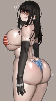 1girl absurdres american_flag american_flag_bikini american_flag_print ass bikini black_hair breasts butt_crack chainsaw_man cleavage cross_scar curvy elbow_gloves facial_scar flag_print flag_print_bikini gloves grey_background highres huge_breasts jewelry kelvin_hiu large_breasts long_hair looking_at_viewer mitaka_asa print_bikini print_swimsuit ringed_eyes scar scar_on_cheek scar_on_face scar_on_nose simple_background solo standing swimsuit thick_thighs thighhighs thighs yellow_eyes yoru_(chainsaw_man)