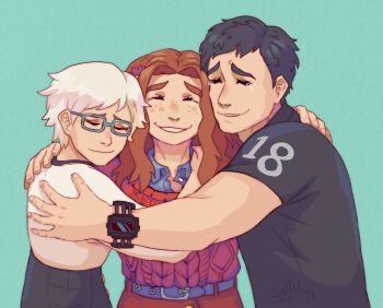 1boy 2girls absurdres aqua-framed_eyewear aqua_background belt black_hair black_shirt blue_belt blue_shirt closed_mouth collared_shirt commentary crying dated diana_(kyokugen_dasshutsu) english_commentary flower freckles glasses hair_flower hair_intakes hair_ornament hand_on_another's_back highres hug kyokugen_dasshutsu long_hair mismatched_eyebrows multiple_girls orange_hair phi_(kyokugen_dasshutsu) purple_flower rectangular_eyewear red_sweater sagutoyas scene_reference shirt short_hair short_sleeves sigma_(kyokugen_dasshutsu) signature simple_background smile streaming_tears sweater tears thick_eyebrows upper_body very_short_hair watch white_hair white_shirt wristwatch zero_escape:_toki_no_dilemma