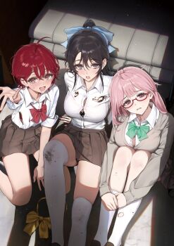 3girls :o ame_(uten_cancel) black_bra black_hair blue_bow bow bowtie bra bra_peek breasts brown_eyes button_gap cardigan center-flap_bangs character_request collared_shirt commentary_request dirty dirty_clothes double-parted_bangs eroge_no_utsu_end_kara_heroine-tachi_wo_kyuusai_shitara grey_cardigan grey_skirt hair_between_eyes hair_bow hand_up highres knee_up kneeling knees_up large_breasts long_bangs long_hair looking_at_viewer loose_bowtie miniskirt multiple_girls official_art open_mouth outstretched_arm parted_lips pink_hair pleated_skirt ponytail raised_inner_eyebrows red-framed_eyewear red_bow red_bowtie red_hair school_uniform second-party_source semi-rimless_eyewear shirt shirt_tucked_in short_hair short_sleeves sitting skirt sweat torn_clothes torn_shirt torn_socks underwear unworn_bowtie white_shirt