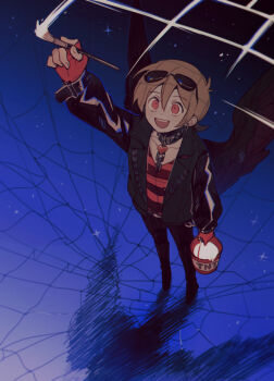 Rule 34 | 1boy, adapted costume, animification, bad boys (limited life smp), bird boy, bird wings, bishounen, black collar, black jacket, brown hair, bucket, chain, collar, commentary, distortion, english commentary, explosive, eyewear on head, fingerless gloves, from above, gloves, grian (youtuber), heart, highres, holding, holding bucket, holding paintbrush, jacket, leather, leather jacket, life heart (traffic life), light brown hair, limited life smp, long sleeves, looking at viewer, looking up, luminous slime, male focus, minecraft, minecraft youtube, official alternate costume, open clothes, open jacket, open mouth, paintbrush, pants, perspective, red eyes, red gloves, shirt, short hair, smile, solo, standing, striped clothes, striped shirt, sunglasses, surreal, tnt, tnt block (minecraft), traffic life series, wings