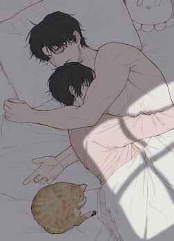 2boys absurdres bed black_hair cat closed_eyes head_on_pillow height_difference highres hug kim_dokja male_focus morning multiple_boys muscular muscular_male no_shirt omniscient_reader&#039;s_viewpoint pillow short_hair stella_37 under_covers window_light yaoi yoo_joonghyuk