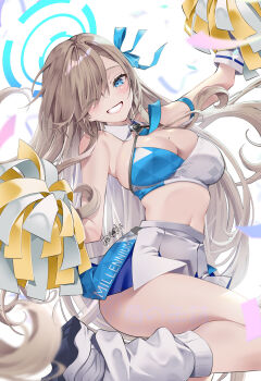 1girl akatsuki_hijiri asuna_(blue_archive) bare_shoulders blue_archive blue_eyes blush breasts brown_hair cleavage grin hair_over_one_eye halo highres holding holding_pom_poms large_breasts long_hair looking_at_viewer millennium_cheerleader_outfit_(blue_archive) navel pom_pom_(cheerleading) pom_poms skirt smile solo