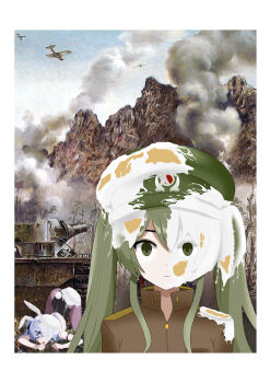 Rule 34 | absurdres, aircraft, airplane, commentary, english commentary, fine art parody, hat, hatsune miku, highres, in the face, jack-o' challenge, lenni (lenniwam), looking at viewer, military hat, military uniform, military vehicle, motor vehicle, mountain, parody, pie in face, ptsd, rabbit hole (vocaloid), smoke, staring, tank, twintails, vocaloid, world war ii