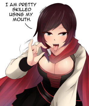 1girl absurdres breasts brown_hair cleavage cleavage_cutout clothing_cutout english_text eyebrows fellatio_gesture female_focus grey_eyes highres large_breasts looking_at_viewer open_mouth oral_simulation red_hair ruby_rose rwby short_hair simple_background solo text_focus tongue tongue_out white_background z666ful