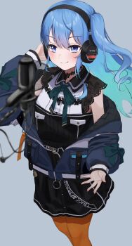 1girl aqua_hair asymmetrical_hair black_choker black_shirt black_skirt blue_eyes blue_hair blue_jacket blurry blurry_foreground blush breasts choker closed_mouth commentary double-parted_bangs feet_out_of_frame gradient_hair green_ribbon grey_background hand_on_headphones headphones highres hololive hoshimachi_suisei hoshimachi_suisei_(casual) jacket lace lace-trimmed_sleeves lace_choker lace_trim light_blue_hair long_hair microphone microphone_stand miniskirt multicolored_hair neck_ribbon off_shoulder official_alternate_costume open_clothes open_jacket orange_pantyhose pantyhose partially_unzipped pop_filter product_placement ribbon shirt shumpi side_ponytail simple_background skirt small_breasts smile solo sony standing star_(symbol) star_in_eye symbol_in_eye the_first_take two-tone_shirt virtual_youtuber white_shirt