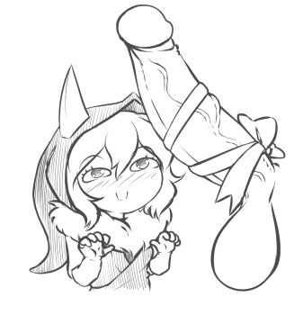 animal_ears blush cat_ears cat_girl cat_tail chibi deumosden disembodied_penis glowing glowing_eyes highres huge_penis nathy original penis petite ribbon_on_penis short_hair size_difference sketch small_breast tail thighs