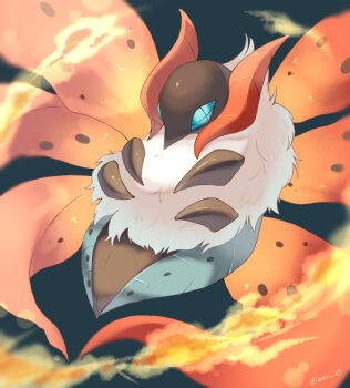 Rule 34 | animal focus, artist name, blue eyes, bug, commentary request, cross-shaped pupils, fire, floating, gen 5 pokemon, green background, highres, insect, iwasi 29, moth, multiple wings, nintendo, no humans, pokemon, pokemon (creature), simple background, symbol-shaped pupils, twitter username, volcarona, white fur, wings