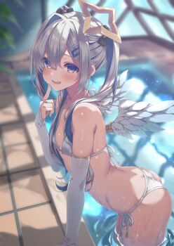 1girl absent amane_kanata angel angel_wings bikini blue_hair blush bow breasts bridal_gauntlets colored_inner_hair commentary_request feathered_wings finger_to_cheek flat_chest gold_ring gradient_wings grey_hair hair_bow hair_ornament hairclip halo highres hololive long_hair looking_at_viewer micro_bikini middle_ring mini_wings multicolored_hair multicolored_wings multiple_hair_bows official_alternate_hair_length official_alternate_hairstyle open_mouth pink_streaks plant pool purple_eyes shadow short_hair short_twintails side-tie_bikini_bottom single_hair_intake smile solo star_halo streaked_hair swimsuit twintails virtual_youtuber wet white_bikini white_bridal_gauntlets white_wings wings