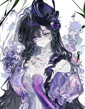 Rule 34 | 1girl, absurdres, bare shoulders, black flower, black hair, black hat, dress, floral background, flower, gown, hair flower, hair ornament, hand up, hat, highres, isolde (reverse:1999), juliet sleeves, long sleeves, looking to the side, puffy sleeves, purple dress, purple eyes, purple flower, reverse:1999, solo, upper body, weiyan (nbnbmwnl), white background