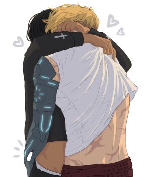 2boys arctvros arms_around_neck belt black_hair black_shirt blonde_hair clothes_lift commentary cowboy_shot english_commentary hand_on_another&#039;s_ass heart highres long_sleeves male_focus midriff multiple_belts multiple_boys multiple_scars nicholas_d._wolfwood pants prosthesis prosthetic_arm red_belt scar scar_on_back shirt shirt_lift short_hair simple_background standing trigun trigun_stampede vash_the_stampede white_background white_shirt yaoi