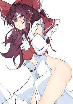 1girl absurdres bare_shoulders blush bow brown_hair detached_sleeves dress hakurei_reimu highres long_hair looking_at_viewer red_bow red_dress red_eyes skirt touhou unanooo_(fthx7532) white_skirt