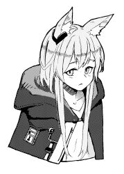 Rule 34 | 1girl, animal ears, arknights, blush, cat ears, cat girl, clasp, collarbone, cropped torso, halftone, highres, hood, hood down, hooded jacket, jacket, long hair, looking at viewer, open clothes, open jacket, open mouth, rosmontis (arknights), shirt, sidelocks, simple background, solo, tubuan (tubuan03), white background