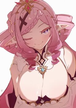 1girl absurdres braid breasts cleavage closed_mouth collar detached_collar drill_hair gloves hair_ornament half_gloves hdukl highres large_breasts malice_evermore one_eye_closed phase_connect pink_hair pointy_ears purple_eyes smile solo upper_body virtual_youtuber white_collar white_gloves