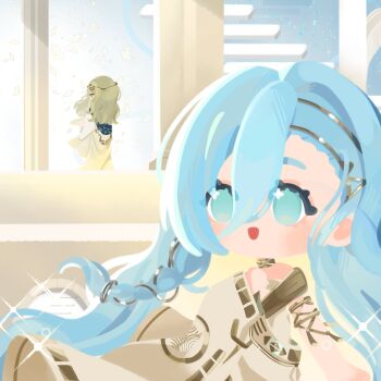 Rule 34 | 1boy, 1girl, 37 (reverse:1999), 6 (reverse:1999), :d, ancient greek clothes, armlet, blonde hair, blue background, blue eyes, blue hair, chibi, commentary, english commentary, greco-roman clothes, hair between eyes, highres, himation, jewelry, open mouth, pillar, reverse:1999, smile, smolmeiji, solo focus, toga, upper body