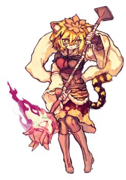 Rule 34 | 1girl, absurdres, animal ear fluff, animal ears, animal print, black gloves, black hair, blonde hair, boots, brown boots, brown pantyhose, closed mouth, commentary, fingerless gloves, full body, gloves, hagoromo, highres, holding, holding weapon, knee boots, korean commentary, long sleeves, looking at viewer, medium hair, multicolored hair, pantyhose, rampa93, shawl, simple background, smile, solo, tail, tiger ears, tiger girl, tiger print, tiger tail, toramaru shou, touhou, two-tone hair, weapon, white background, wide sleeves, yellow eyes