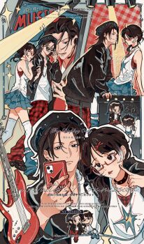 Rule 34 | absurdres, black hair, black jacket, blue skirt, chibi, couple, glasses, guitar, head tilt, highres, holding, holding hands, holding phone, instrument, jacket, looking at another, multiple views, phone, skirt, sunglasses, xiabai