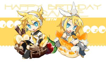 1boy 1girl anniversary aqua_eyes banana banana_slice bare_shoulders bass_clef black_leg_warmers black_sailor_collar black_sleeves blonde_hair bow brother_and_sister cake chibi chocolate_cake commentary covering_own_mouth crossed_legs detached_sleeves english_commentary food fruit grey_leg_warmers grey_sailor_collar grey_sleeves hair_bow hair_ornament hairclip hand_to_own_mouth happy_birthday headphones headset kagamine_len kagamine_rin leg_warmers looking_at_viewer mh_muhan neckerchief necktie open_mouth orange_(fruit) orange_slice ponytail sailor_collar shirt short_hair short_ponytail short_sleeves shorts siblings sitting sleeveless sleeveless_shirt smile treble_clef twins vocaloid white_bow yellow_neckerchief yellow_necktie