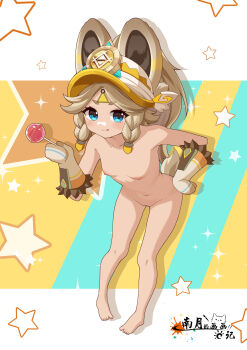 Rule 34 | 1girl, absurdres, barefoot, blonde hair, blue eyes, candy, chinese commentary, commentary request, food, genshin impact, highres, kachina (genshin impact), leaning forward, lollipop, nipples, nude, solo, tongue, tongue out, variant set, yaoli (ysxbd)