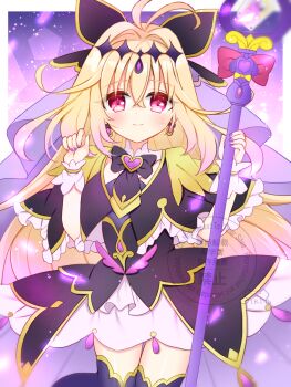 Rule 34 | 1girl, black bow, black dress, black thighhighs, blonde hair, bow, closed mouth, commentary request, cure arcana shadow, dress, hair between eyes, hands up, highres, holding, holding staff, long hair, looking at viewer, meitantei precure!, moria luluka, precure, red eyes, shikito (yawa0w0), smile, solo, staff, thighhighs, very long hair