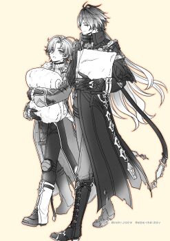 2boys absurdres ahoge boots coat commentary_request flins_(genshin_impact) fur_trim genshin_impact gloves greyscale highres holding illuga_(genshin_impact) imoko_inishie jacket light_smile long_hair long_sleeves looking_at_another monochrome multiple_boys open_mouth walking yellow_background