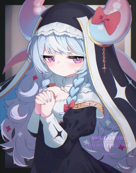 1girl black_dress black_veil blue_hair blue_horns blush bow braid breasts cleavage closed_mouth commentary_request dress horn_bow horn_ornament horns juliet_sleeves long_hair long_sleeves looking_at_viewer nail_polish nun original own_hands_clasped own_hands_together pink_eyes puffy_sleeves purple_nails red_bow saebashi solo twin_braids upper_body veil watermark