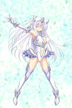 1girl :o arm_at_side arm_up armor armpits bare_shoulders blush boots braid breasts chikubi_(artist) cleavage closed_eyes clothing_cutout covered_erect_nipples elbow_gloves facing_viewer faulds floating_hair frills full_body game_cg gem gloves gluteal_fold hair_between_eyes headgear highres kusarou large_breasts legs_apart leotard long_hair magical_girl mahou_shoujo_inori mamiya_inori miniskirt navel navel_cutout non-web_source official_art one_side_up outstretched_arm parted_lips purple_skirt purple_thighhighs shiny_skin showgirl_skirt skirt solo standing thigh_boots thighhighs tiara variant_set very_long_hair white_gloves white_hair white_leotard white_thighhighs