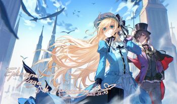 1boy 1girl alice_(arcaea) anniversary arcaea ascot bird black_ascot black_bow black_cape black_gloves black_hair black_hat black_shirt black_vest blonde_hair blue_dress blue_eyes blue_sky bow briefcase building cape chinstrap closed_mouth cloud commentary_request cowboy_shot cross dated day dress floating_hair gloves grey_pants hair_between_eyes hand_on_headwear hand_on_own_hip hand_up hat hat_bow hat_ornament heart highres holding holding_briefcase jacket juliet_sleeves latin_cross long_hair long_sleeves open_clothes open_jacket outdoors pants puffy_sleeves purple_jacket rabbit_hat_ornament red_eyes ryuh_(asahina_neru) shirt short_hair side_cape simple_bird sky standing tenniel_(arcaea) top_hat two-sided_cape two-sided_fabric very_long_hair vest waistcoat white_gloves white_hat