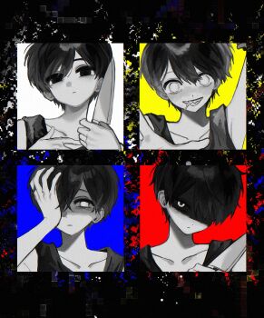 1boy arm_up black_eyes black_hair black_tank_top closed_mouth collarbone double-parted_bangs drooling expressionless hair_between_eyes hair_over_one_eye hand_over_eye highres holding holding_knife knife looking_at_viewer male_focus mouth_drool omori omori_(omori) open_mouth rou_(h_s_sinrin) shaded_face sharp_teeth short_hair solo tank_top teeth white_eyes