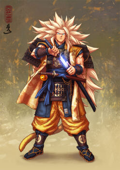 1boy aqua_eyes armor artist_name baggy_pants blonde_hair blue_sash commentary dou dragon dragon_ball dragon_ball_(object) dragon_print dragonball_z eastern_dragon facing_viewer glowing glowing_sword glowing_weapon hakama hakama_pants holding holding_sheath japanese_armor japanese_clothes kenji893 kusazuri long_hair looking_at_viewer male_focus no_eyebrows pants pants_tucked_in same-hada samurai sandals sash sheath sheathed shoulder_armor sode solo son_goku spiked_hair suneate super_saiyan super_saiyan_3 sword tsuba_(guard) tsuka-ito unsheathing vambraces very_long_hair wakizashi waraji weapon