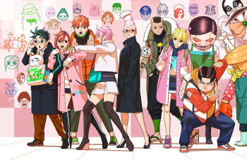 abduction abstract_background adjusting_eyewear alien angry animal_print ankle_boots antennae ape apron aqua_bag aqua_outline asymmetrical_hair ayase_momo ayase_seiko backpack bag baggy_pants banga_(dandadan) beard_stubble beehive_hairdo bega_masamichi belt belt_buckle big_nose black_coat black_collar black_eyes black_footwear black_hair black_lips black_outline black_pants black_sleeves black_sweater blonde_hair blue_hood blue_hoodie blue_outline blue_pants blush_stickers boots bow bowtie boxing_gloves brooch brown_belt brown_eyes brown_footwear brown_hair brown_outline buckle buttoned_cuffs buttons cat cat_print character_name cheekbones chiquitita closed_eyes closed_mouth coat collar collared_coat collared_jacket collared_shirt collared_sweater colored_skin copyright_name count_saint-germain cow crab dandadan denim drawstring dress_shirt dress_shoes earrings earthbound_spirit_crab_(dandadan) employee_uniform enjoji_jin everyone evil_eye_(dandadan) extra_eyes eyelashes facial_hair facing_viewer fashion fat fat_man fingernails flying_sweatdrops fur-trimmed_collar fur_collar fur_jacket fur_trim gem gloves glowing glowing_eyes goggles gold_buckle grandmother_and_granddaughter green_apron green_coat green_eyes green_footwear green_gemstone green_outline green_pants grey-framed_eyewear hair_between_eyes hair_bun hair_over_one_eye hair_tie half_updo hands_in_pockets hands_up hat head_only high_collar high_heel_boots high_heels highres hood hood_down hoodie in_bag in_container jacket jeans jewelry joo_(dandadan) jpeg_artifacts kashima_reiko_(dandadan) kawabanga_mai kitou_naki knee_boots leaning_forward letterman_jacket locked_arms long_hair long_sleeves looking_at_another looking_at_viewer looking_to_the_side loose_hair_strand mandrill_alien maneki-neko manjiro_(dandadan) mature_female miko_(dandadan) miniskirt mole mole_under_mouth mr._mantis_shrimp muko_(dandadan) name_tag neckerchief no_pupils nurse nurse_cap official_art old old_woman open_mouth orange_bow orange_bowtie orange_hair orange_hood orange_hoodie orange_jacket orange_lips outline pants parted_bangs parted_hair paw_print piercing pink_coat pink_collar pink_hair pink_shirt pink_shoes pink_sleeves pleated_skirt police police_hat print_bag print_hoodie print_shirt print_sweater profile puffy_long_sleeves puffy_short_sleeves puffy_sleeves pumps purple_outline queen_sensei red-framed_eyewear red_eyes red_footwear red_gloves red_lips red_outline red_sleeves rimless_eyewear ririna_(dandadan) rokuro_serpo round_eyewear rubber_boots sakata_kinta sawaki_rin school_nurse second-party_source semi-rimless_eyewear serpo_(dandadan) serpod_dover_demon_nessie shadow sharp_teeth shaved_head shiratori_aira_(dandadan) shirt shoes short_eyebrows short_hair short_sleeves shoulder_bag single_vertical_stripe skinny skirt sleeve_cuffs sleeves_past_wrists smile sneakers standing star_(symbol) star_print stiletto_heels striped_clothes striped_footwear striped_pants stubble sweatdrop sweater swept_bangs takakura_ken_(dandadan) tall_male taro_(dandadan) teeth text_print thigh_boots third_eye toenails toes toothpick track_pants tsurime turbo_granny_(dandadan) turtleneck turtleneck_sweater twintails two-tone_footwear two_side_up ufo umbrella_print unibrow v-shaped_eyebrows vamola_(dandadan) vertical-striped_clothes vertical-striped_footwear vertical-striped_pants vertical-striped_sleeves walking wedge_heels whiskers white_bag white_collar white_footwear white_hair white_jacket white_skin white_skirt white_sleeves white_sweater wing_collar yellow_neckerchief yukinobu_tatsu zipper zuma_unji