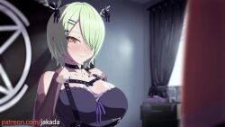 1boy 1girl animated artist_name backlighting black_choker black_nails black_ribbon blush breasts ceres_fauna ceres_fauna_(goth) choker close-up from_side glansjob goth_fashion green_hair hair_ornament hair_over_one_eye hairclip half-closed_eyes handjob heart heart_choker hetero hololive hololive_english horn_ornament horn_ribbon horns indoors jakada_ani large_breasts large_penis looking_at_viewer nail_polish nipples official_alternate_costume oral paid_reward_available penis pixie_willow_(voice_actor) pov ribbon saliva saliva_trail short_hair sound tagme testicle_sucking tongue tongue_out uncensored undressing veins veiny_penis video virtual_youtuber watermark web_address yellow_eyes zerodiamonds_(voice_actor)