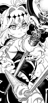 Rule 34 | 1girl, antenna hair, capelet, cure arcana shadow, dress, food, frilled capelet, frills, greyscale, hair ribbon, highres, ice cream, ice cream cone, ireading, jewelry, long hair, meitantei precure!, monochrome, moria luluka, nail polish, precure, ribbon, simple background, solo, tear arcana rod