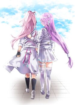 2girls ^_^ belt black_gloves black_socks braid clenched_hand closed_eyes commentary day facing_another fingerless_gloves floating_hair frilled_thigh_strap frilled_thighhighs frills from_behind full_body gloves hair_ribbon hand_on_another's_back heaven_burns_red highres kneehighs kura_satomi kurage_(kurage19) long_hair long_sleeves low-tied_long_hair medium_skirt miniskirt multiple_girls open_mouth outdoors pink_hair pleated_skirt ponytail profile purple_hair red_ribbon ribbon ribbon_braid shirt shoe_soles shoes single_braid skirt sleeves_rolled_up smile socks thigh_strap thighhighs tile_floor tiles tsukishiro_monaka very_long_hair walking white_belt white_ribbon white_shirt white_shoes white_skirt white_thighhighs zettai_ryouiki