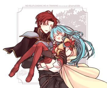 Rule 34 | 1boy, 1girl, 2025, aqua hair, armor, black capelet, black shirt, boots, breastplate, breasts, cape, capelet, carrying, commentary request, couple, eirika (fire emblem), fingerless gloves, fire emblem, fire emblem: the sacred stones, gloves, grey armor, happy, hetero, high collar, long hair, long sleeves, miniskirt, nintendo, open mouth, parted bangs, princess carry, red boots, red gloves, red hair, red shirt, sayu030b, seth (fire emblem), shirt, short hair, short sleeves, shoulder armor, skirt, small breasts, thigh boots, thighhighs, twitter username, watermark, white background, white skirt, yellow armor, yellow cape, zettai ryouiki