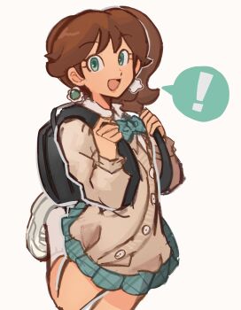 ! 1girl 2909kjk absurdres backpack bag brown_hair earrings flower_earrings highres jewelry long_hair looking_at_viewer mario_(series) nintendo open_mouth pleated_skirt princess_daisy school_uniform shoes side_ponytail simple_background skirt smile socks white_background white_shoes white_socks