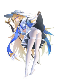 1girl absurdres ass bent_over black_gloves blonde_hair blue_eyes blue_sash blush breasts chinese_commentary closed_mouth clothes_lift commentary_request crop_top from_behind full_body gloves hat high-waist_skirt highres holding holding_staff hornesix long_hair long_sleeves looking_at_viewer looking_back medium_breasts no_shoes panties panties_over_pantyhose pantyhose partial_commentary phoebe_(wuthering_waves) sash shirt simple_background skirt skirt_lift solo staff standing thighband_pantyhose tiptoes underwear very_long_hair white_background white_hat white_panties white_pantyhose white_shirt white_skirt wuthering_waves